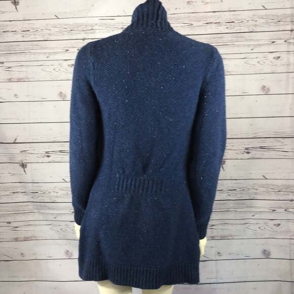 L.L Bean Blue Speckled Chunky Knit shawl collar open front Cardigan size small - Picture 9 of 12